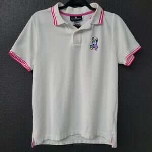 Psycho Bunny Polo Shirt Mens Size Small White Pink Trim Pima Cotton Golf Shirt